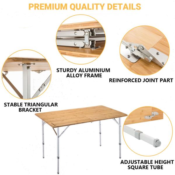 120*70cm Tabletop Patio Garden Bamboo Aluminum Folding Table for Picnic Camping Dinning
