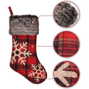 Christmas Stockings Burlap with Large Plaid Snowflake and Plush Faux Fur Cuff