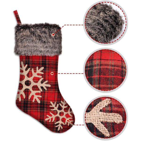 Christmas Stockings Burlap with Large Plaid Snowflake and Plush Faux Fur Cuff Stockings for Family Holiday Party Decor