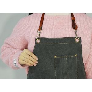 Black Denim Garden Apron With Leather Straps And Multifunctional Pockets
