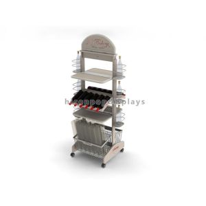 Cheap Merchandising Movable Wood Wine Display Stand Free Standing For Retail Store for sale