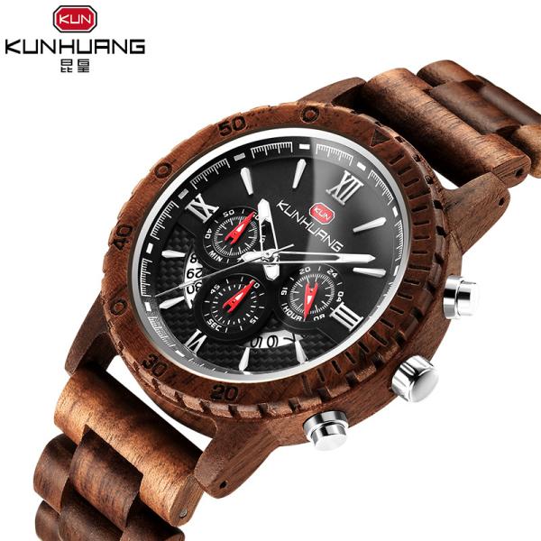 Quality Man Walnut Wooden Quartz Watch Black Dial 6 Pointers 1014-4 wholesale