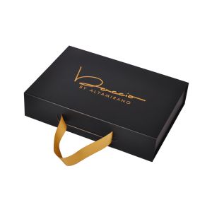 Black Magnetic Folding Paper Boxes Packaging Gift With Ribbon Handle