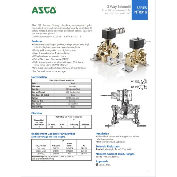 Brass Material 3 Way Solenoid Valves ASCO Series 8316G064 High Flow 1/4 Inch Size