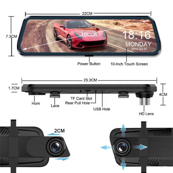 9.66 Inch Motion Activated Dashcam Full 2.5D Touch Screen Front Back Recording