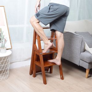 Brown Ladder Back Wooden Folding Chair Multi Functional Transformed Chair Ladder