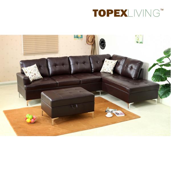Sectional Sofa Leather Brown with Cushions,Stylish sofas with Chaise,Ottoman table with storage,Modern Sofa Metal legs.