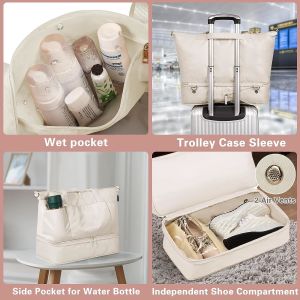 Beige Carry On Tote Expandable Weekender Duffel Travel Bag With Shoe Compartment