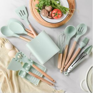 Kitchen Silicone Spatula Set With Wooden Handle Shovel Spoon Food Holder Egg
