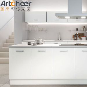 High Gloss White Kitchen Cabinet Set With Laminated Bullnose Countertop