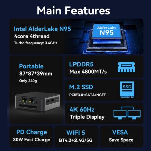 Intel Alder Lake N95 Intel Mini PC LPDDR5 12GB RAM With Dual LAN And 4K HD For