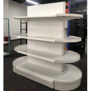 White supermarket shelf with half round end shelf