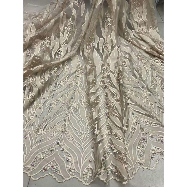 Beaded Embroidered Lace Fabric , 3D Flower Lace Mesh Fabrics For Evening Gowns