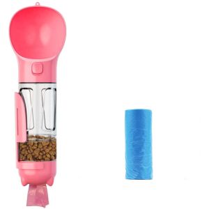 4 In1 Portable Leakproof Pink Dog Water Bottle With Food Container & Waste Bag