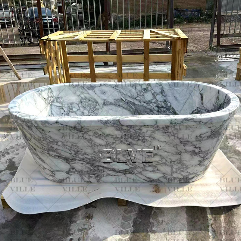 China White Arabescato Marble Bathtub Natural Stone Bathtubs Bathroom Tub Freestanding Hand Carved Morden on sale