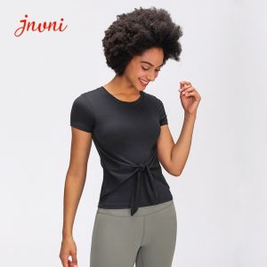 China 300gsm Front Straps Activewear T Shirts Padded Short Sleeve Twist Front T Shirts on sale