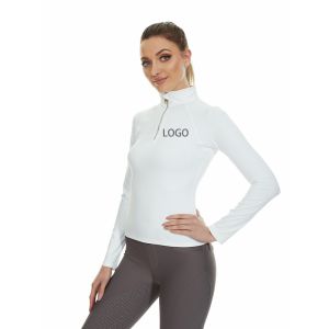 China White Quick Drying Horse Riding Tops Ladies 1/4 Zipper Long Sleeve Shirts on sale