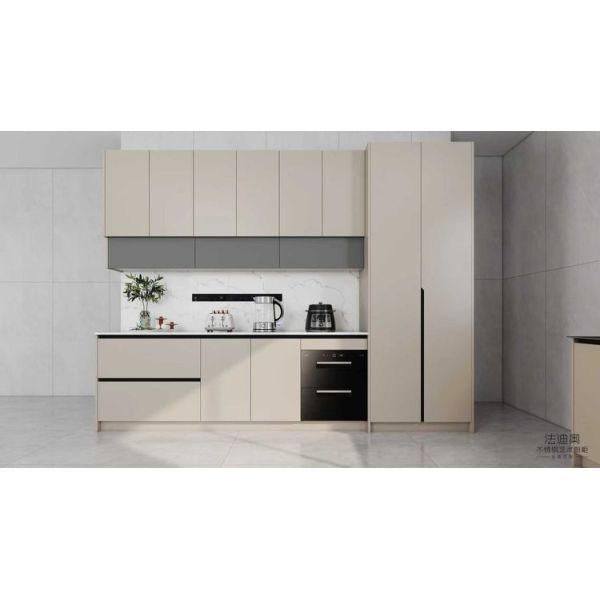 Fadior Full Stainless Steel Custom Kitchen Cabinet - Beige Tones, Open-Concept Layout with Seamless Dining Integration & Durability