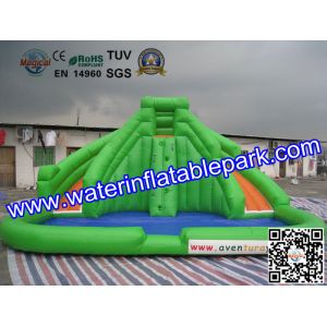 Cheap CE / UI Green Bouncy Inflatable Slide Water Jumper With Swimming Pool for sale