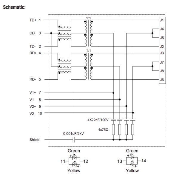 PoE+ Magjack 74984104400 100BASE-TX THR Mount WE-RJ45 LAN