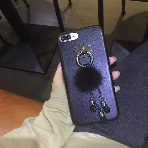 PU Black Metal Buckle Small Hairball Pearls Pendant Strap Cell Phone Case For