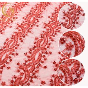 China Beaded Red Embroidered Lace Handmade 91.44cm Length Water Soluble on sale