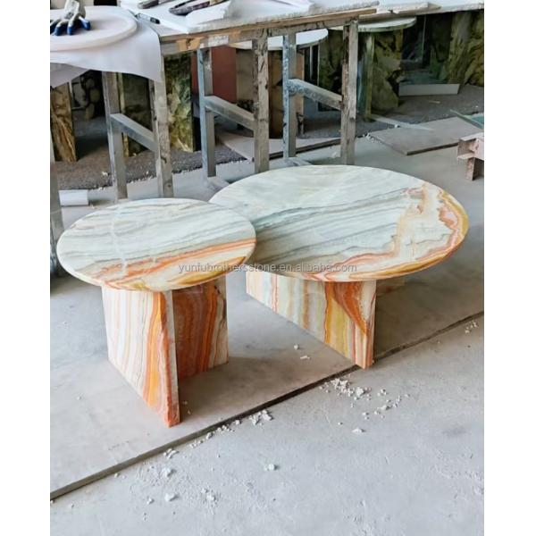 Hotel Table Furniture Design with Natural Stone Bookmatched Rainbow Onyx Marble Slab