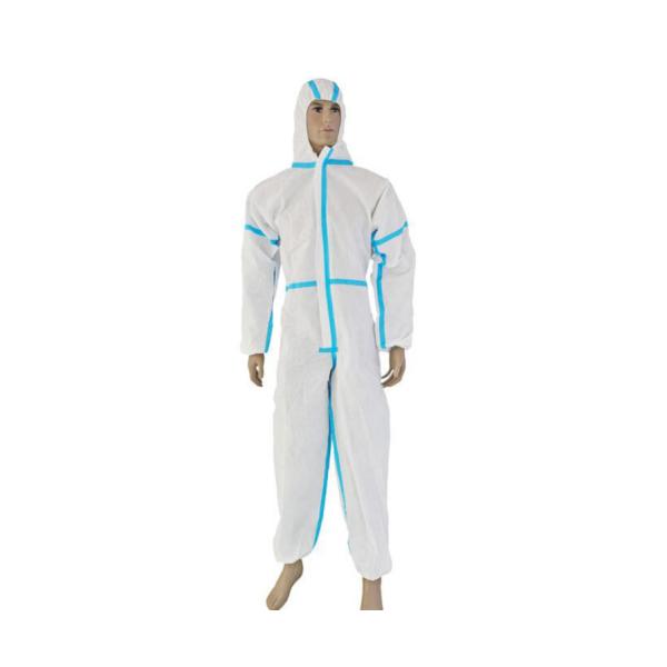 Quality CAT 3 TYPE 3456 non medical disposable microporous SFS protective coverall with blue tape stripe CE ISO13485 wholesale