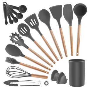 Non-stick Silicone Kitchen Utensils Wooden Handle with Holder Spatula Spoon