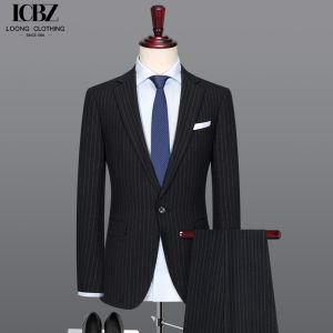 Anti-wrinkle Men's Business Suit in Classic Black and White Stripes with Notch