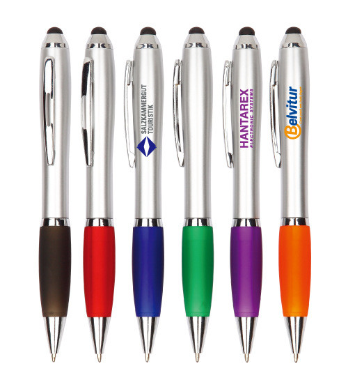 Quality touch style silver barrel cuvy plastic promotional printed logo ball pen wholesale