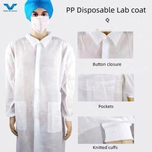 China Unisex White Disposable Lab Coat Snap Front 2 Pockets and Elastic Knitted Wrist Cuffs on sale