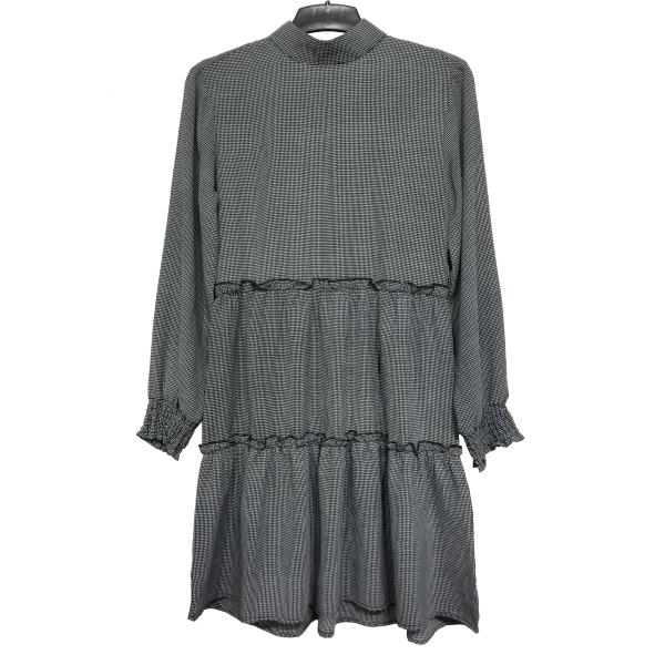 Long Sleeve Grey Color Large Size Ladies Dresses Crew Collar Pleated Knitting Fabric