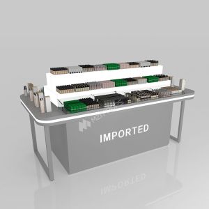 Retail Display Table Grey Wooden Sample Island For Customized Shop Display And