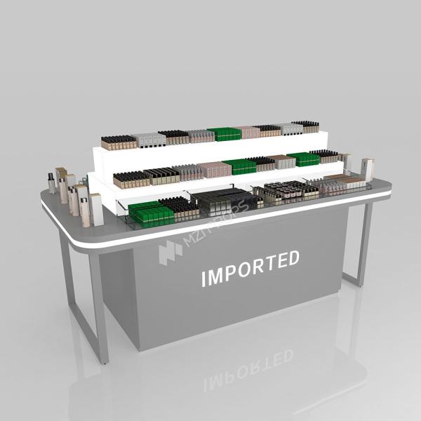 Retail Display Table Grey Wooden Sample Island For Customized Shop Display And