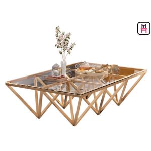 China Indoor Tempered Glass Top Stainless Steel Coffee Table With Triangle Geometrical Base on sale