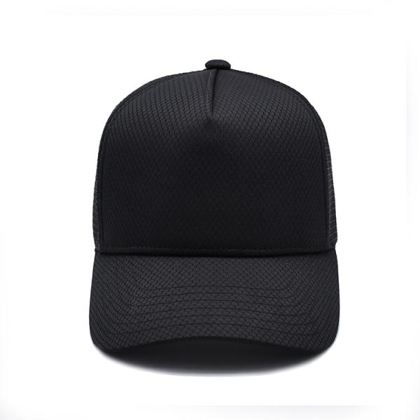 Quality Short Brim Polyester 5 Panel Trucker Cap Black Color 7 Holes Plastic Snap wholesale