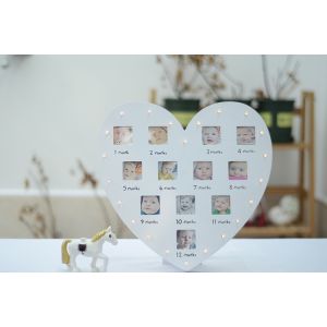 Heart Shape Baby First 12 Months Photo Frame Wooden White With Lights