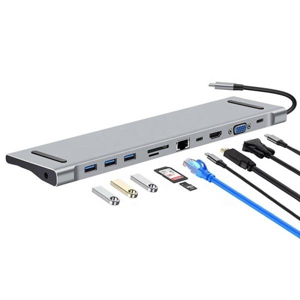 11 In 1 USB C Type C Docking Station with VGA Ethernet 3.5MM Audio TF/SD Card
