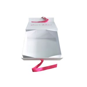 Ribbon Paper Gift Box Elegant White Collapsible Cardboard With Rectangle Shape