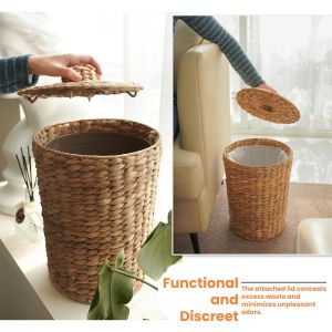 Wicker Waste Basket - Water Hyacinth Bathroom Garbage Can With A Lid - Bathroom