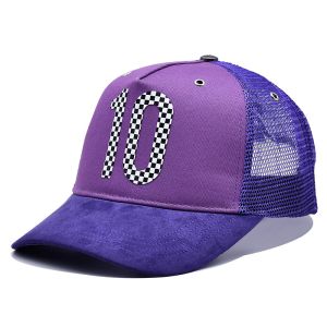 Cheap Customization 5 Panel Trucker Cap Visor Curved Eyelets Purple Mesh Hat Color Logo Customize for sale