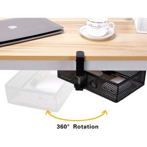 360 Degree Rotating Under Desk Organizer with Cup Holder and Clip-On Rotating