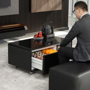 Smart Coffee Table with 93L Drawer Refrigerator Wireless Charging and USB