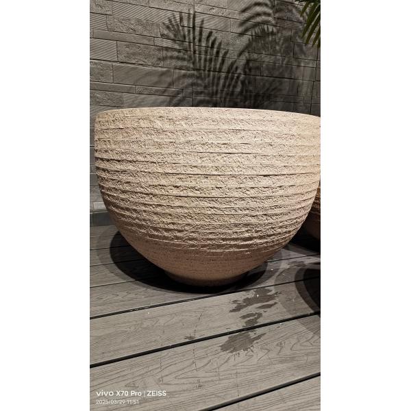 Round Fiber Clay Planter Natural Rustic Style Light Beige Striped Layered Effect