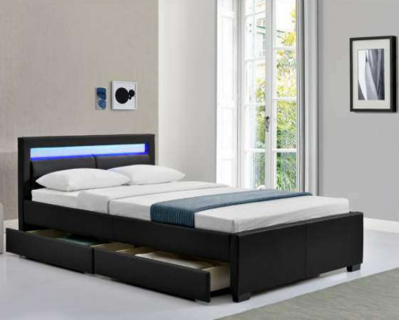 Quality LED Bed Double Upholstered Faux Leather Slatted Frame With Box wholesale