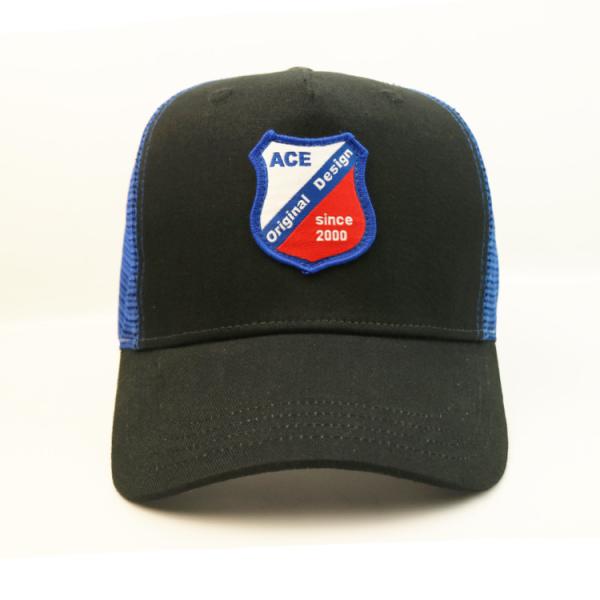 Quality Customized Blank Woven Patch Trucker Cap 5 Panel Curved Long Bill wholesale