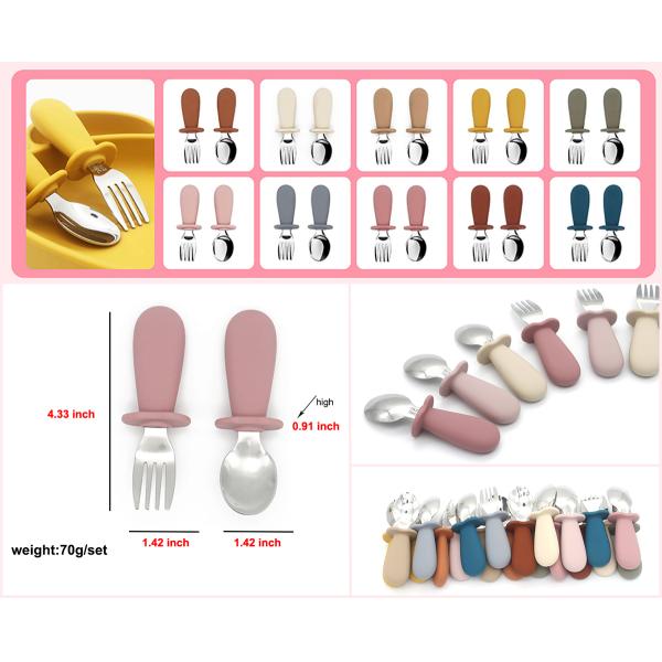 Color Matched Silicone Fork And Spoon Set Baby Use Printing LOGO OEM