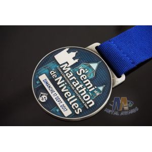 Transparent Color Zinc Alloy Award Medals Antique Silver Plating With Ribbon