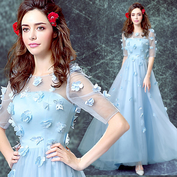 Quality Gorgeous Light Blue Short Sleeves Appliques Chiffon Evening Dress TSJY087 wholesale